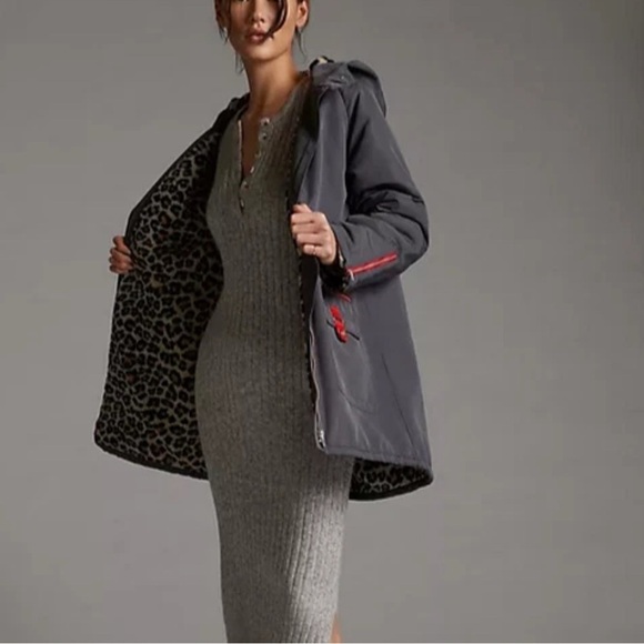 Maeve by Anthropologie Sporty Utility Dark Grey Hooded Coat Fur Interior •M• NWT - Picture 5 of 11